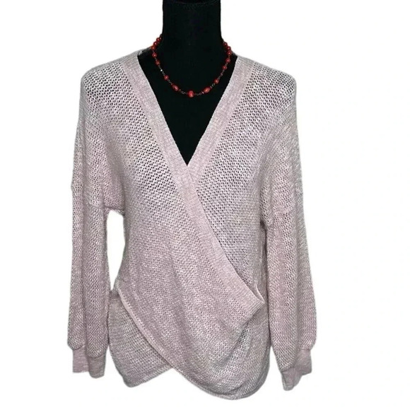 Express women's M pink open knit‎ cross body sweater v-neck long sleeve NWOT - Picture 2 of 8